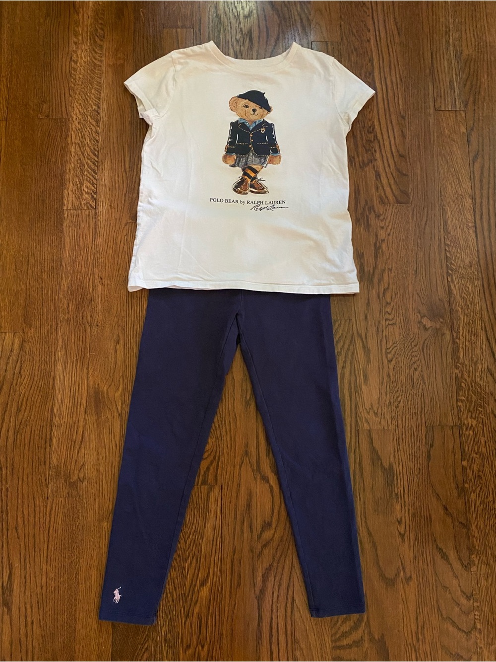 Polo Ralph Lauren Girls White Polo Bear Graphic Tee Pants M (8-10) Short Sleeve